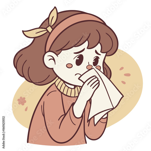 Child with runny nose feeling unwell and holding a tissue in a comforting environment