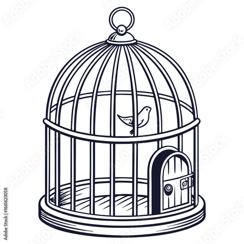 Empty birdcage with a small bird inside on a simple white background
