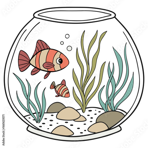 Colorful fish swimming in a round aquarium with aquatic plants and pebbles on a white background