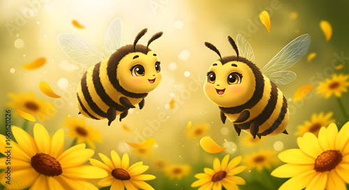 Cute Cartoon Bees Flying Over Yellow Flowers in Warm Sunlight