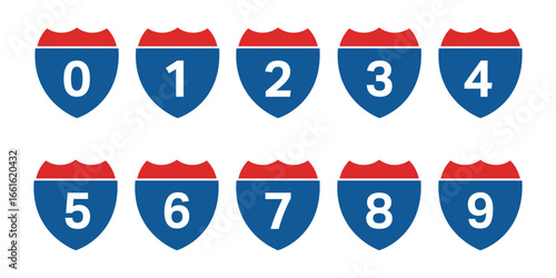 Numbered highway signs displaying various numbers from 0 to 9