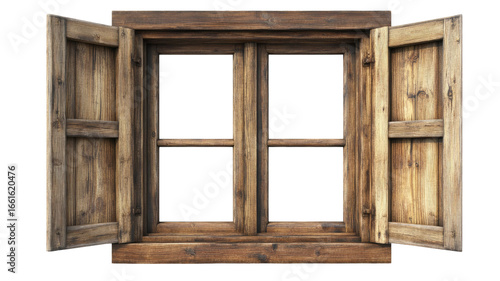Wooden window frame rustic architectural element isolated on white background