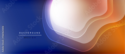 Abstract background features flowing layers. Blue transitions to orange, creating dynamic visual effect. Minimalist design with text elements.