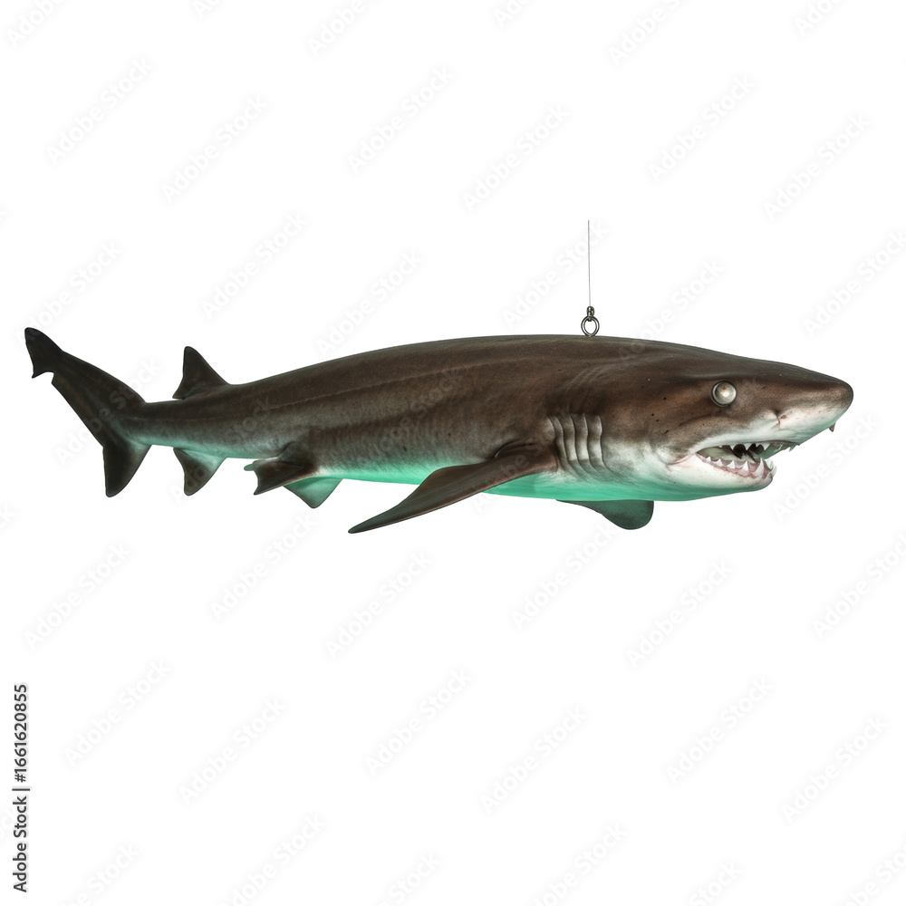 Fototapeta premium Cookiecutter shark, 40cm, with a glowing greenish-blue underside and serrated teeth, suspended on a transparent background, ultra-realistic product shot, scientific accuracy concept