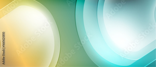 Abstract background features flowing shapes, gradients. Yellow, green, turquoise hues blend smoothly creating modern aesthetic. Soft light effects present.