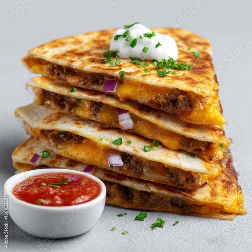 Delicious stacked beef and cheese quesadillas with melted cheese crispy tortillas garnished with chopped herbs and served with fresh tomato salsa on a gray background