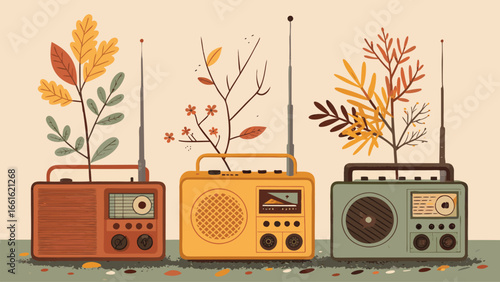 Blended theme of nostalgia-core radios broadcasting nature sounds