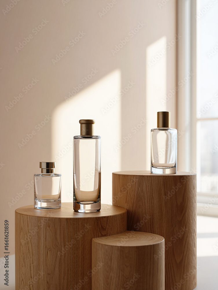 Naklejka premium Elegant Glass Perfume Bottles Displayed on Natural Wooden Pedestals, Capturing Subtle Light