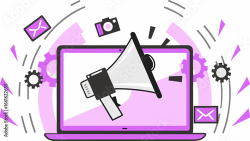 Laptop with a megaphone camera gears and envelopes floating around it on a white background design silhouette