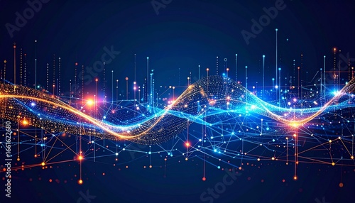 Vibrant abstract visualization of a digital wave with glowing particles and interconnected nodes representing big data and network communication technology