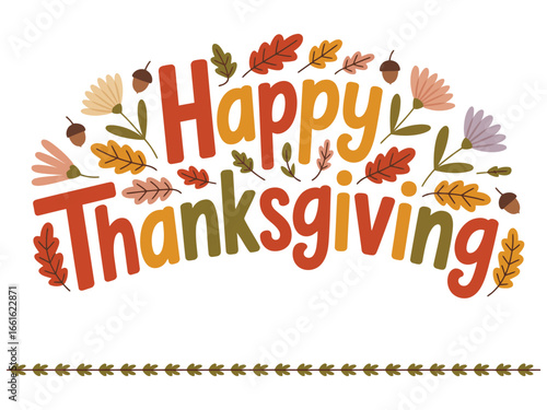 Cheerful Thanksgiving Banner with Floral Elements and Happy Wishes for the Holiday Season