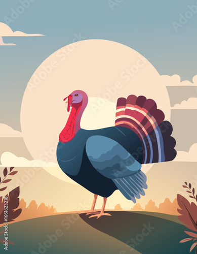 Majestic Turkey at Sunset on Hill – Autumn Thanksgiving Vector Illustration