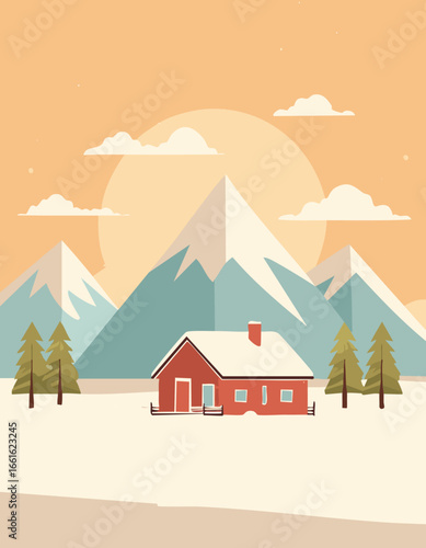 Cozy Cabin in Snowy Mountain Landscape – Flat Vector Winter Illustration