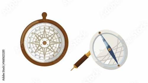Illustration of two vintage compasses with intricate designs and navigation elements on a white background silhouette