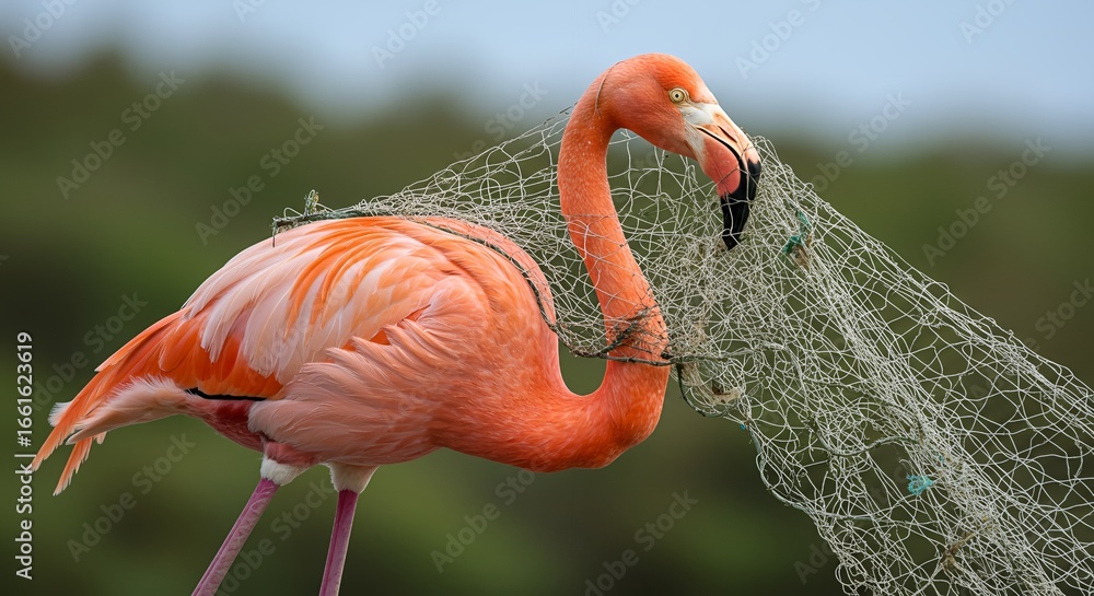 Fototapeta premium Nylon fishing net wrapped around a flamingo's neck and beak, ultra-realistic, Generative AI.