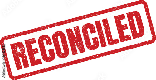 Reconciled red ink stamp effect with grunge texture on a white surface, diagonally positioned