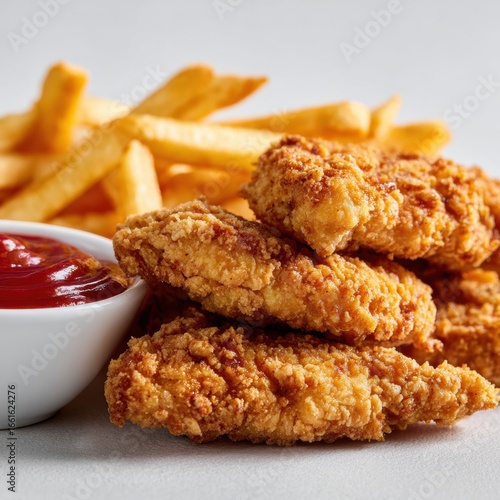 Crispy golden fried chicken tenders with seasoned crispy French fries and a side of spicy ketchup sauce served on a white background for delicious comfort food meal
