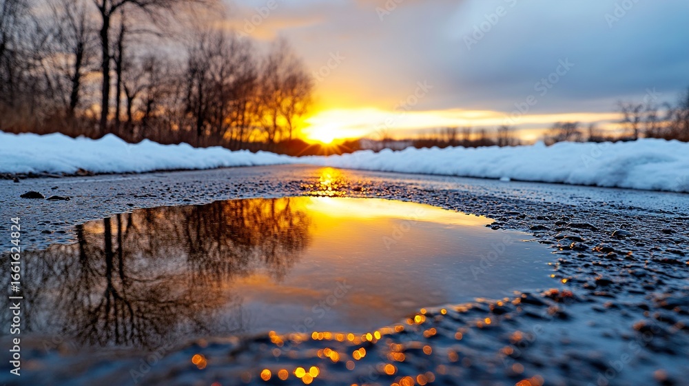 Fototapeta premium Reflection in sunset puddle. Close-up of the reflection in a puddle on an asphalt road at sunset. 