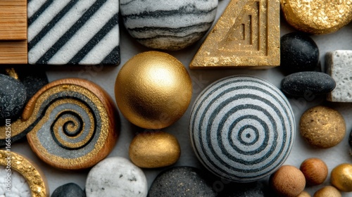 Aesthetic arrangement of decorative stones and geometric shapes in gold and black tones