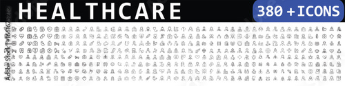 Healthcare line icon set. Medicine, medical service, health, care, doctor, hospital, patient, treatment, sick, illness and more. Outline icon in linear style. 