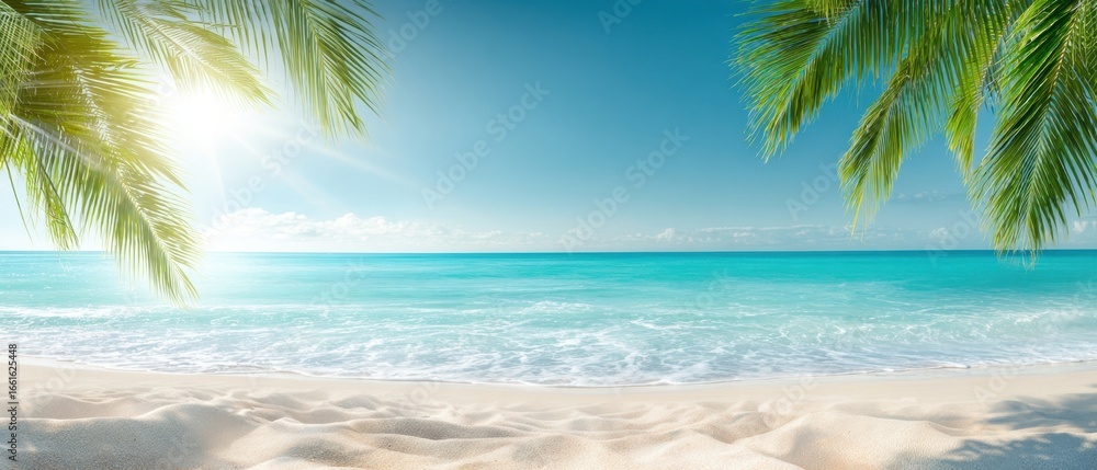 Obraz premium The serene beach with palm trees under a clear blue sky and shining sun.