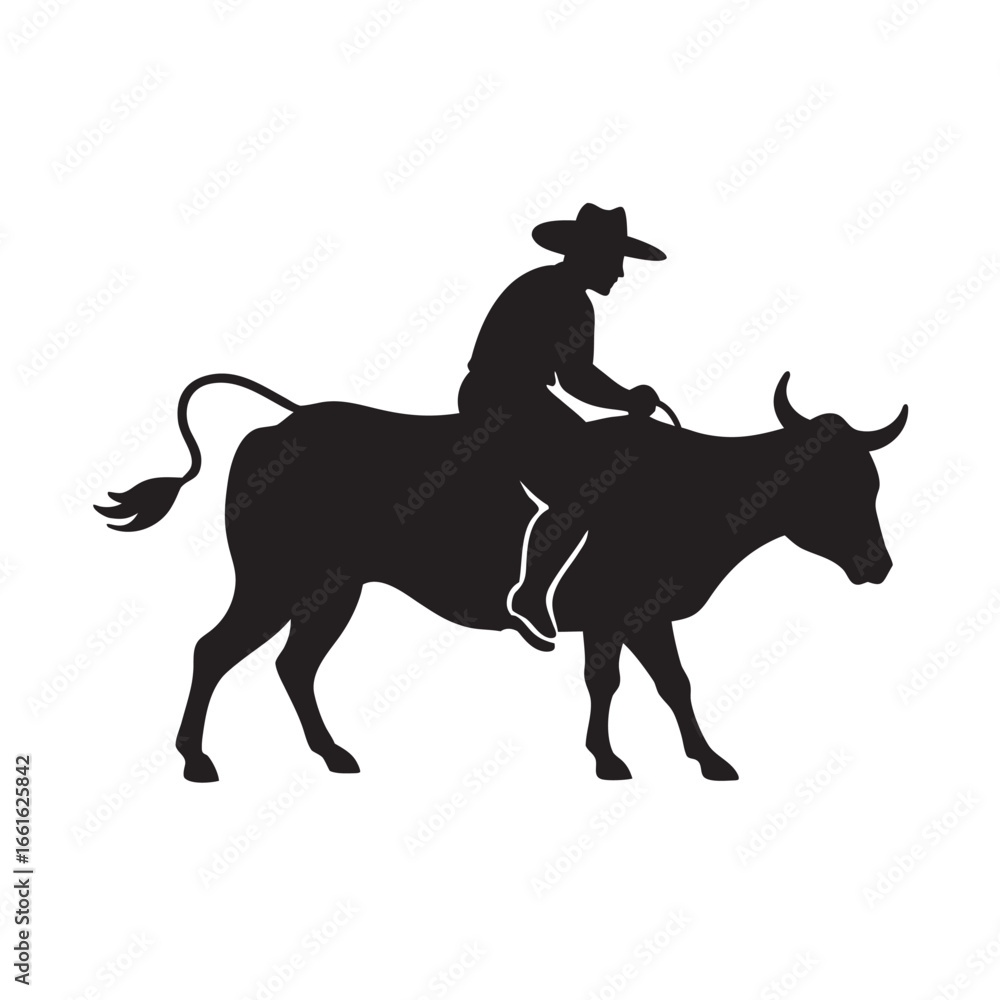 Fototapeta premium Cowboy Riding Bull In Rodeo Silhouette