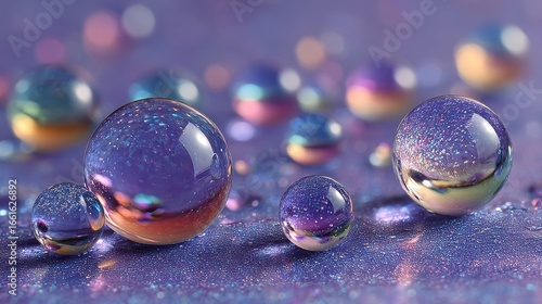 Close-up of iridescent water droplets on a colorful surface, reflecting light and creating a dreamy atmosphere