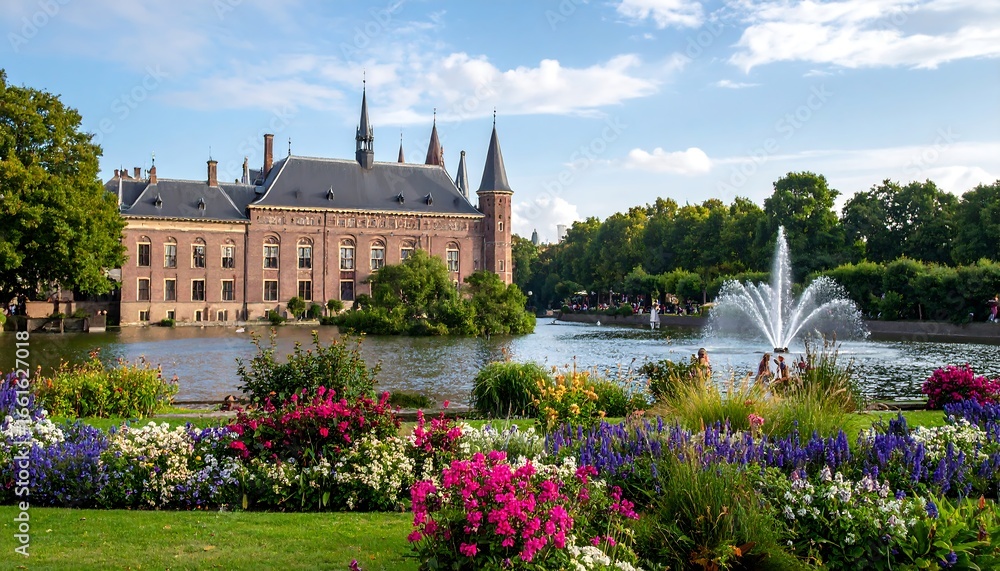 Fototapeta premium Historic building by lake with flowers