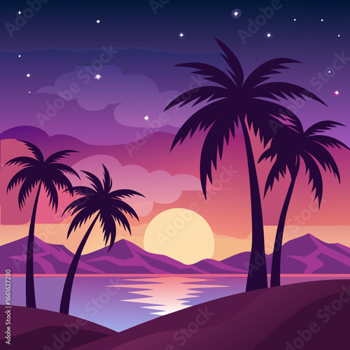 Tropical Sunset Silhouette: Silhouetted palm trees against a vibrant sunset on a tropical beach, a serene blend of nature and art, evoking tranquility and warmth.