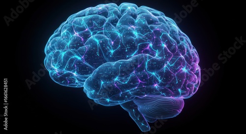 Digital Neural Brain Illustration with Glowing Connections in Dark Background