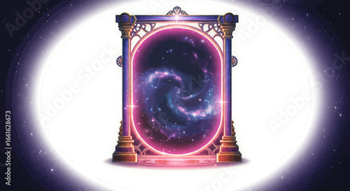 An ornate, glowing portal opens to a swirling galaxy of stars and nebulae in a cosmic setting.