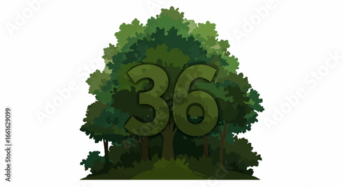 A stylized cartoon illustration depicting the number thirty-six within a lush green forest.