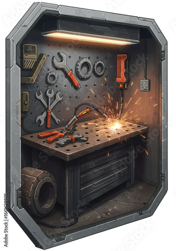 A detailed view of a compact workshop with a welding operation producing bright sparks on a sturdy workbench, surrounded by various tools.