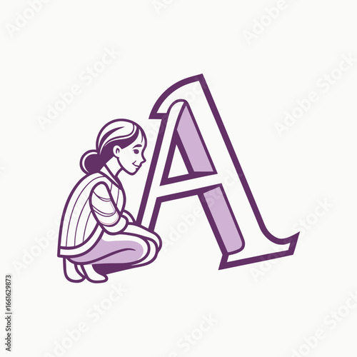 A cute girl squatting next to a letter a