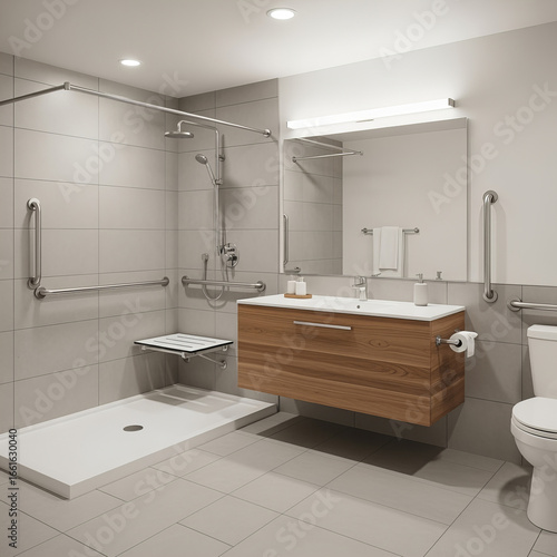 Accessible modern bathroom with walk-in shower and safety rails 
