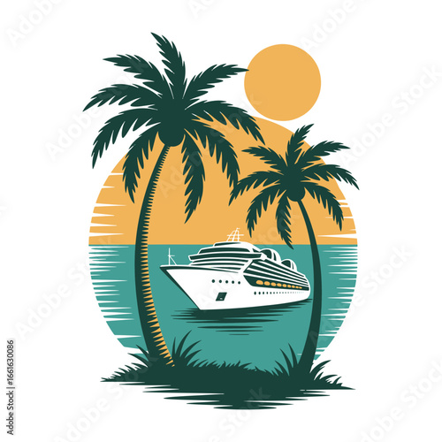 A large cruise ship sailing on the tropical sea at sunset, framed by two silhouetted palm trees on a distant island vector illustration