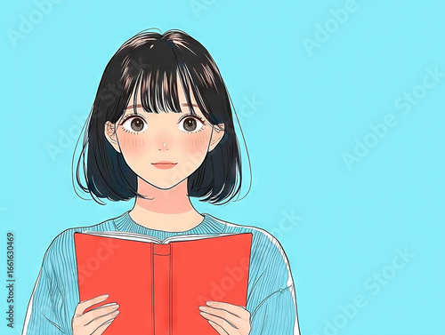 Shy girl holding red book with surprised expression, set against bright blue background