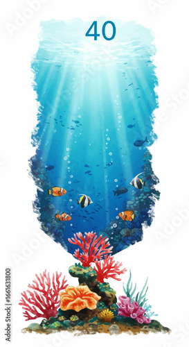 An underwater illustration of a coral reef with tropical fish swimming in sunlit blue water, with the number 40 floating at the surface.