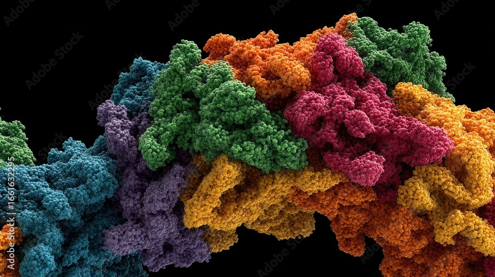 Fototapeta premium Colorful abstract molecular structure displays complex interconnected biological components. Detailed textured pattern of a vibrant macromolecule against a black background.