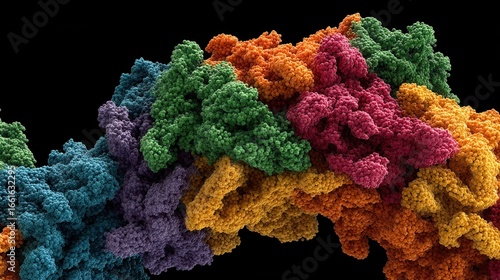 Colorful abstract molecular structure displays complex interconnected biological components. Detailed textured pattern of a vibrant macromolecule against a black background.