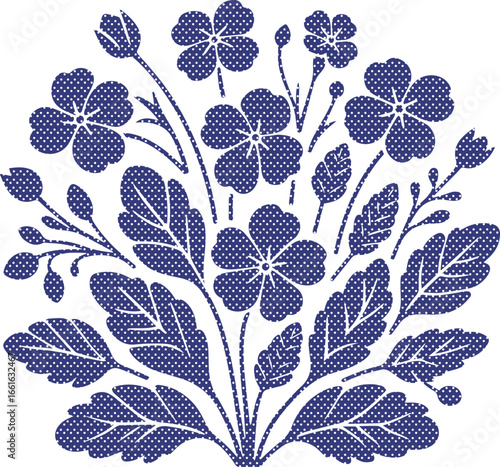 Elegant navy blue floral bouquet vector illustration with white polka dots. Perfect for textile design, invitations, or home decor.