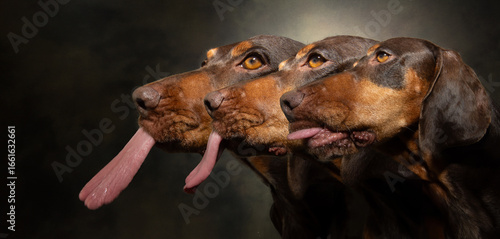 Fototapeta Banner Doberman puppy dog licking its lips with tongue series