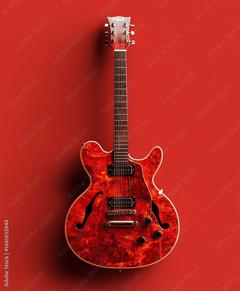 Obraz premium Jazz guitar displayed against a simple crimson wall creating a bright, colorful, and modern musical template