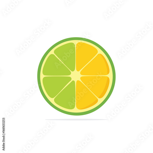 Half lime and half orange citrus fruit slice in a circle graphic