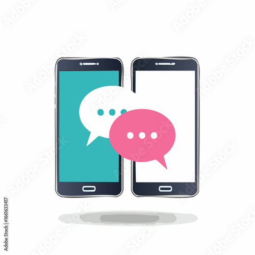 Flat design illustration of two smartphones with colorful speech bubbles for online communication and messaging