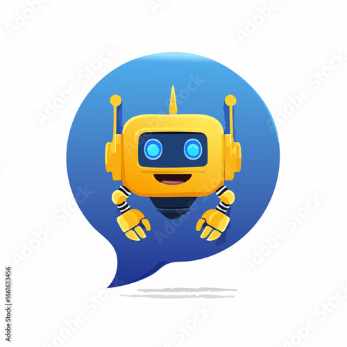 Chatbot illustration of yellow robot character inside blue message balloon cartoon communication concept