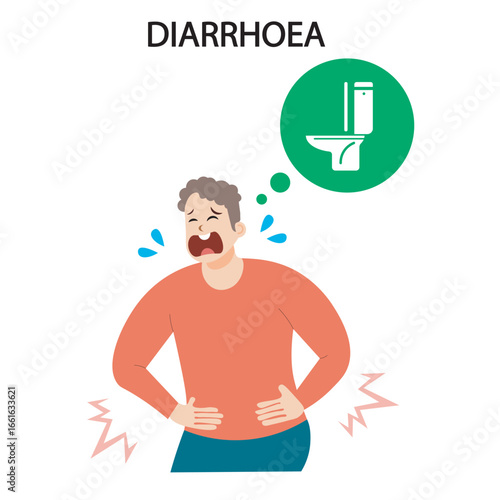 Diarrhoea vector: shows watery stools, cramps, dehydration, fever. Includes icons comparing similar diseases like cholera, dysentery, and food poisoning icon
