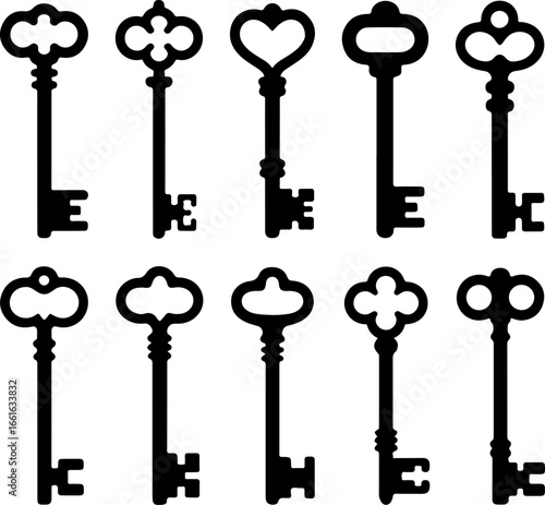vintage black silhouette keys arranged in rows