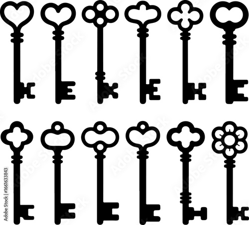 vintage black silhouette keys arranged in rows