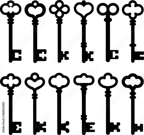 vintage black silhouette keys arranged in rows